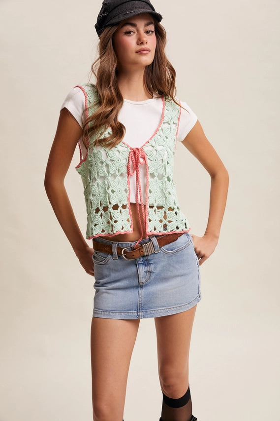 Spearmint Crochet Flower Tie-Front Vest