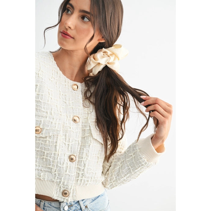 Ivory Elegant Textured Knit Wool Jacket