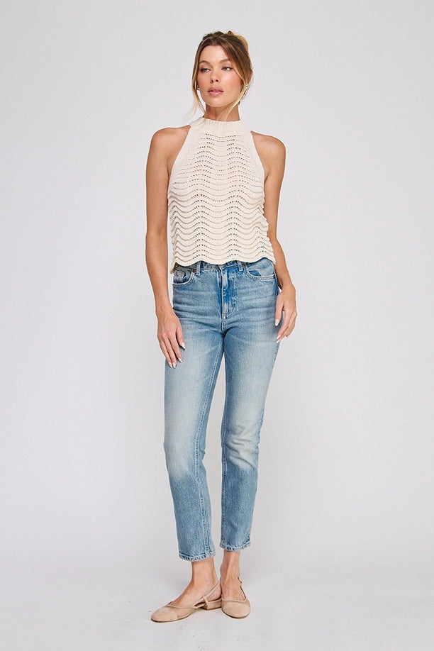 Wavy & Scallop Patterned Knit Halter Tank Top