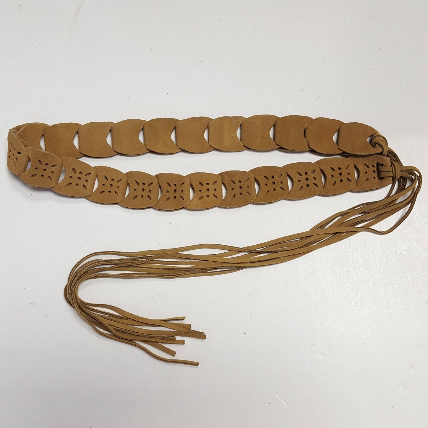 Genuine Suede Link Belt with Fringes: Brown/Sand