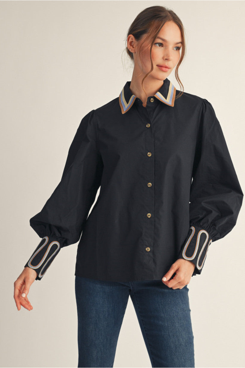 Black Embroidered Button Down Shirt