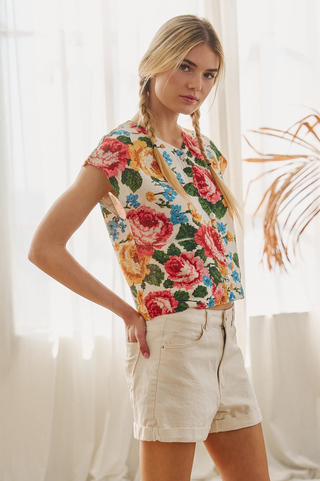 Floral Tapestry Button Knit Top