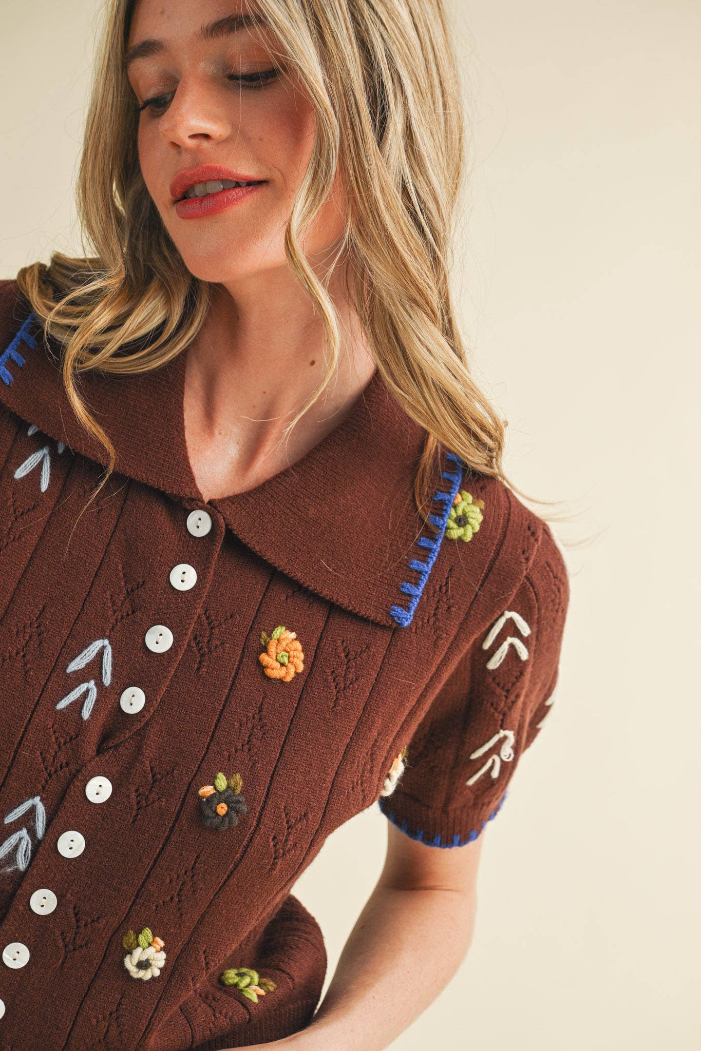 Brown Hand Embroidered Short Sleeve Button Down Sweater