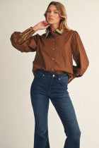 Brown Embroidered Button Down Shirt