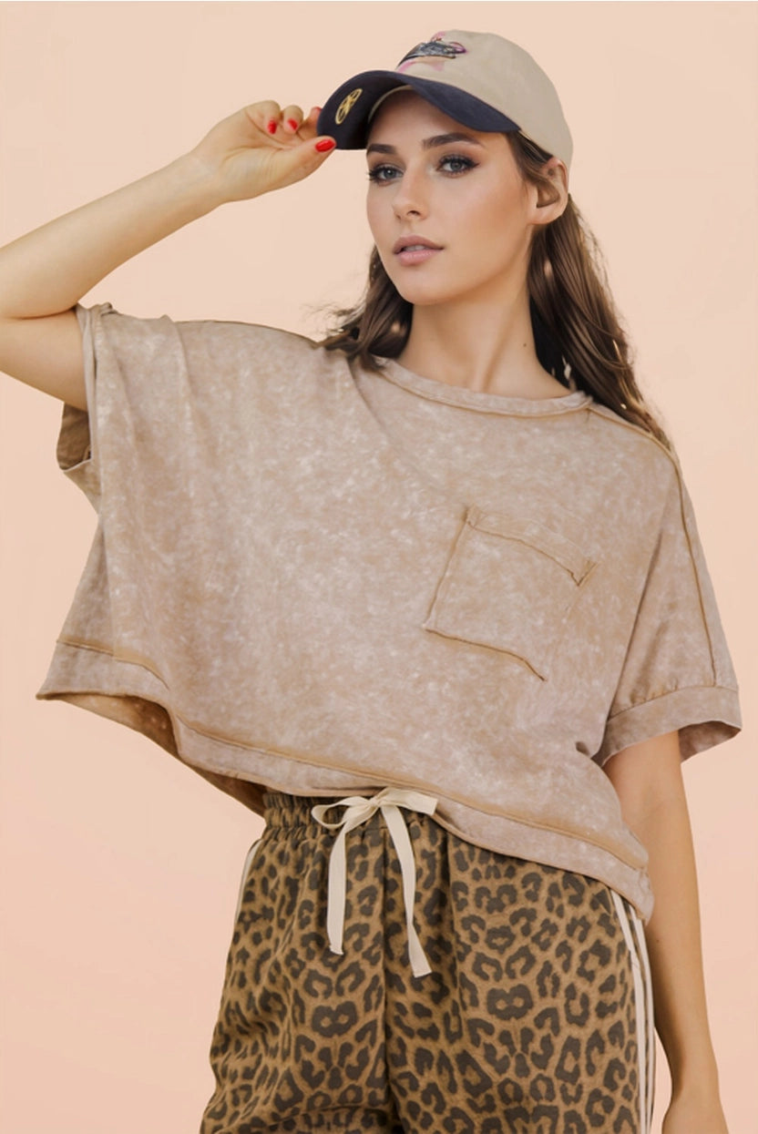 Taupe Mineral Washed Oversized Crop Comfy Knit Top