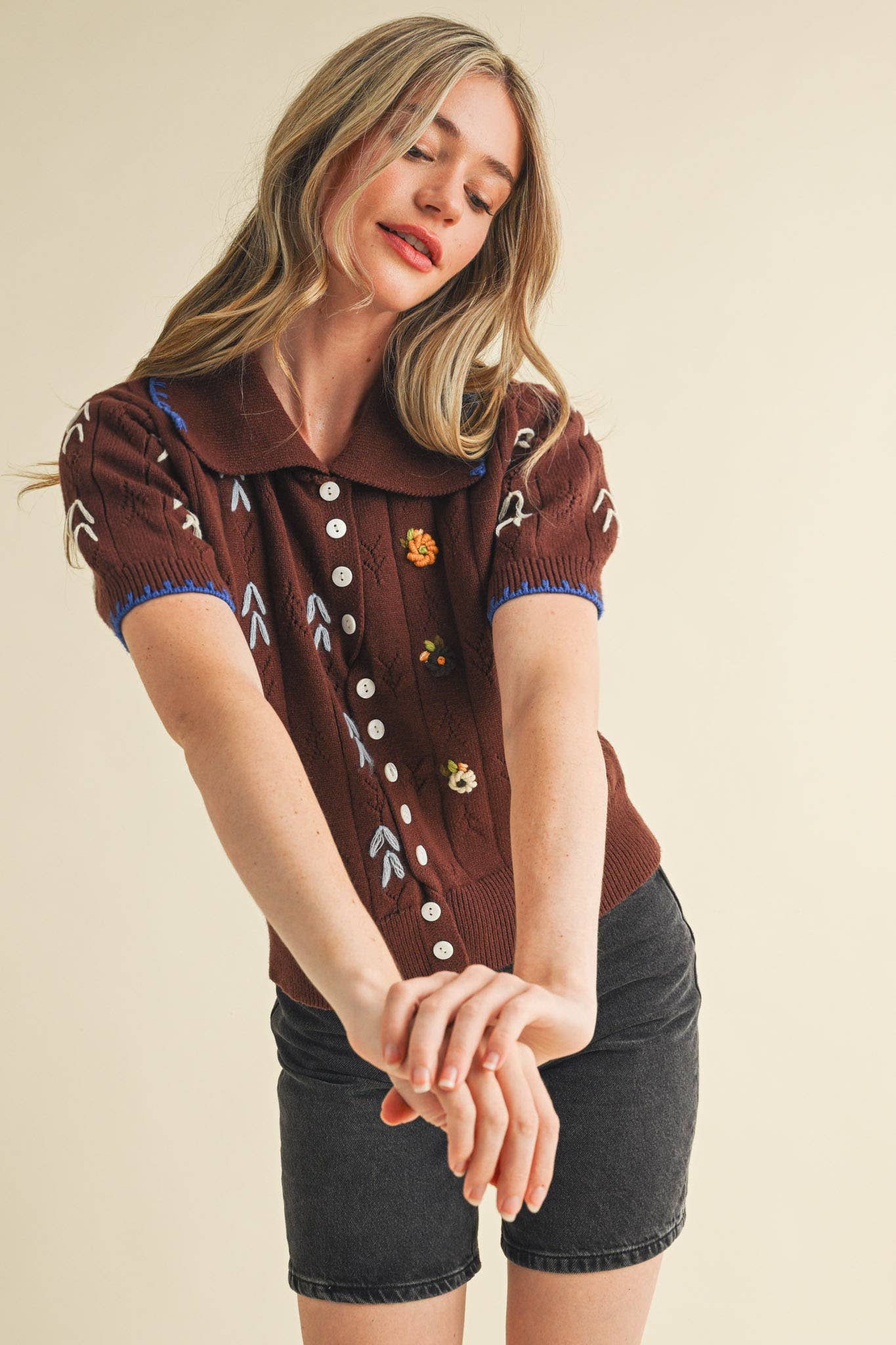 Brown Hand Embroidered Short Sleeve Button Down Sweater