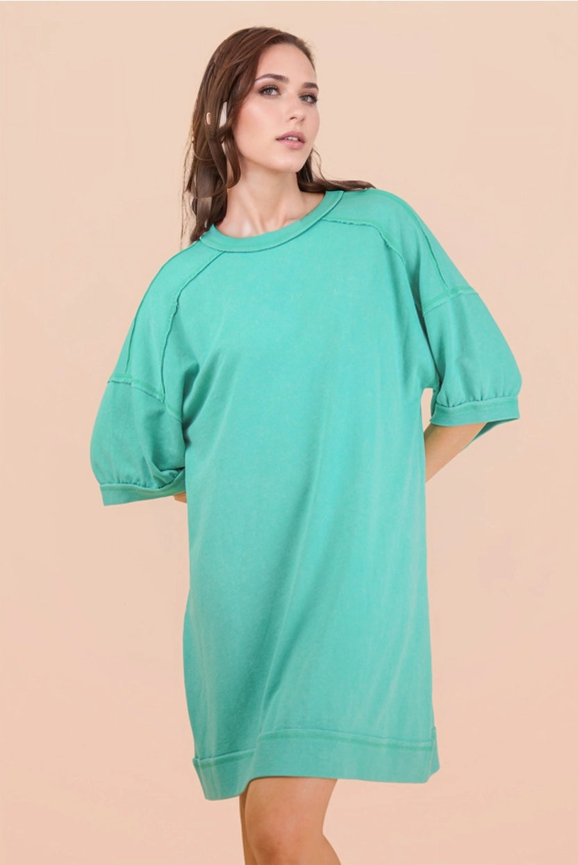 Sea Foam Mineral Washed French Terry Knit Casual Mini Dress