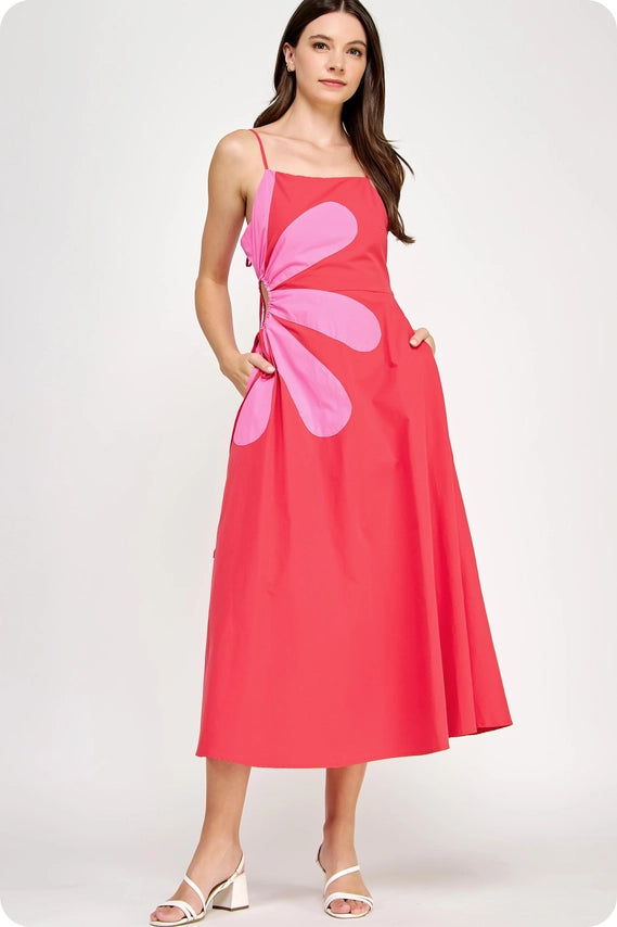 Red/Pink Sleeveless Side Cut-Out Flower Detail Midi Dress