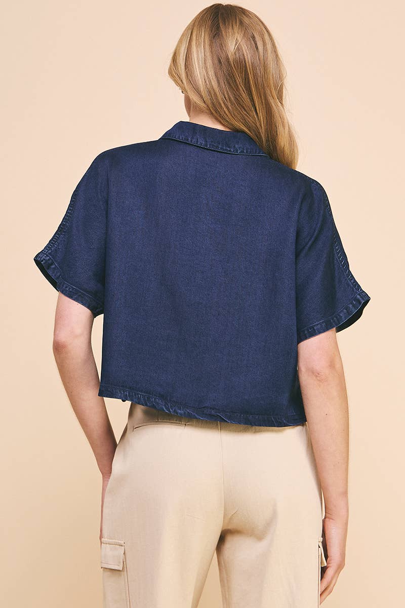 Washed Chambray Collared Dolman: Dark Wash