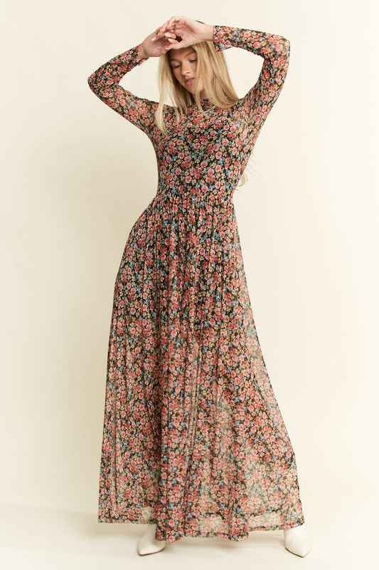 Floral Print Black Maxi Dress