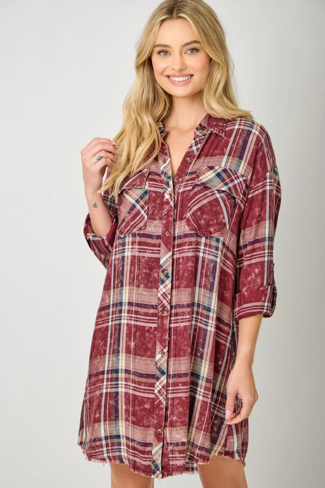 Maroon Plaid Button Up Dress