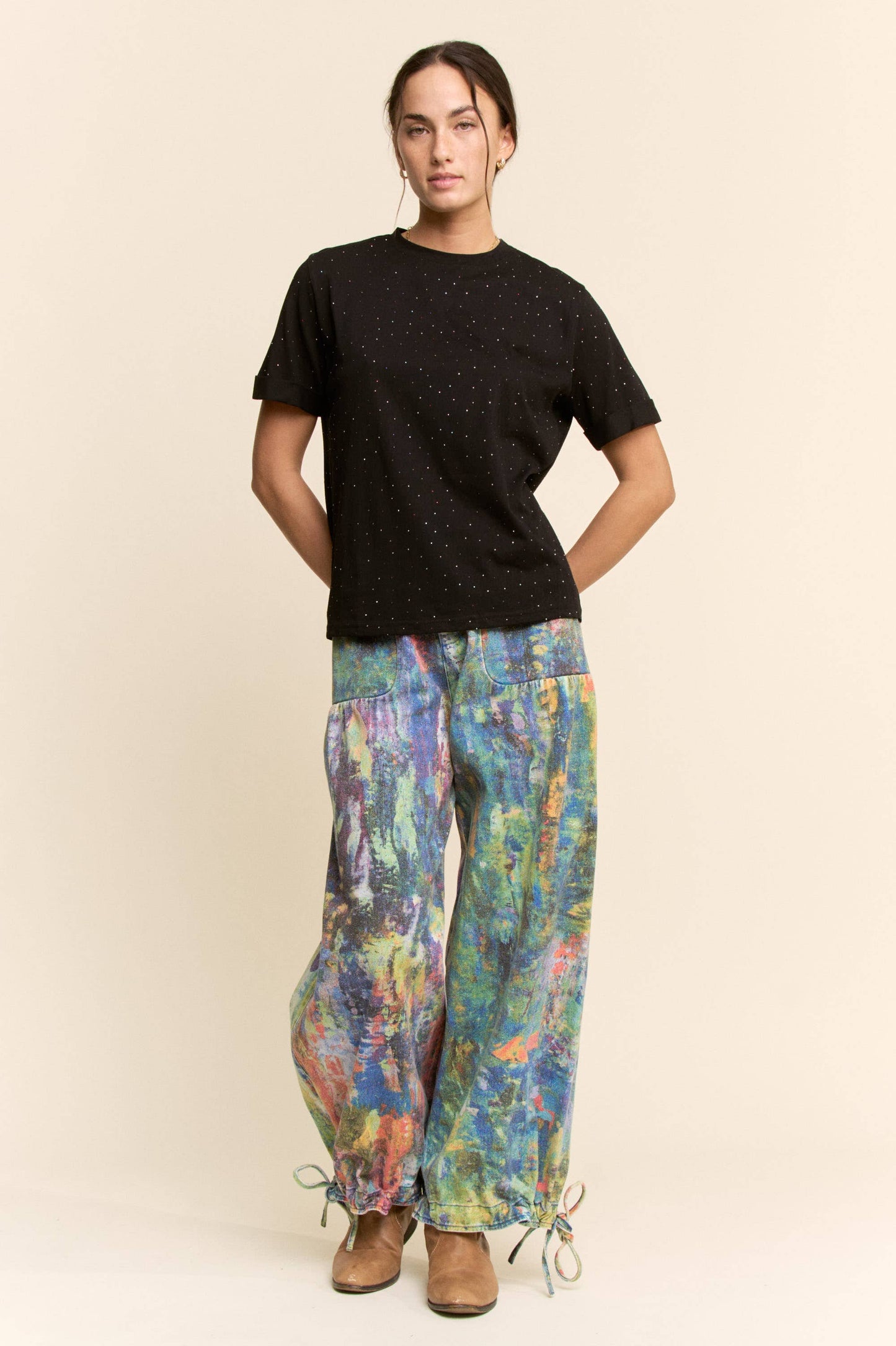 Lime Green and Cobalt Paint Printed Denim Pants