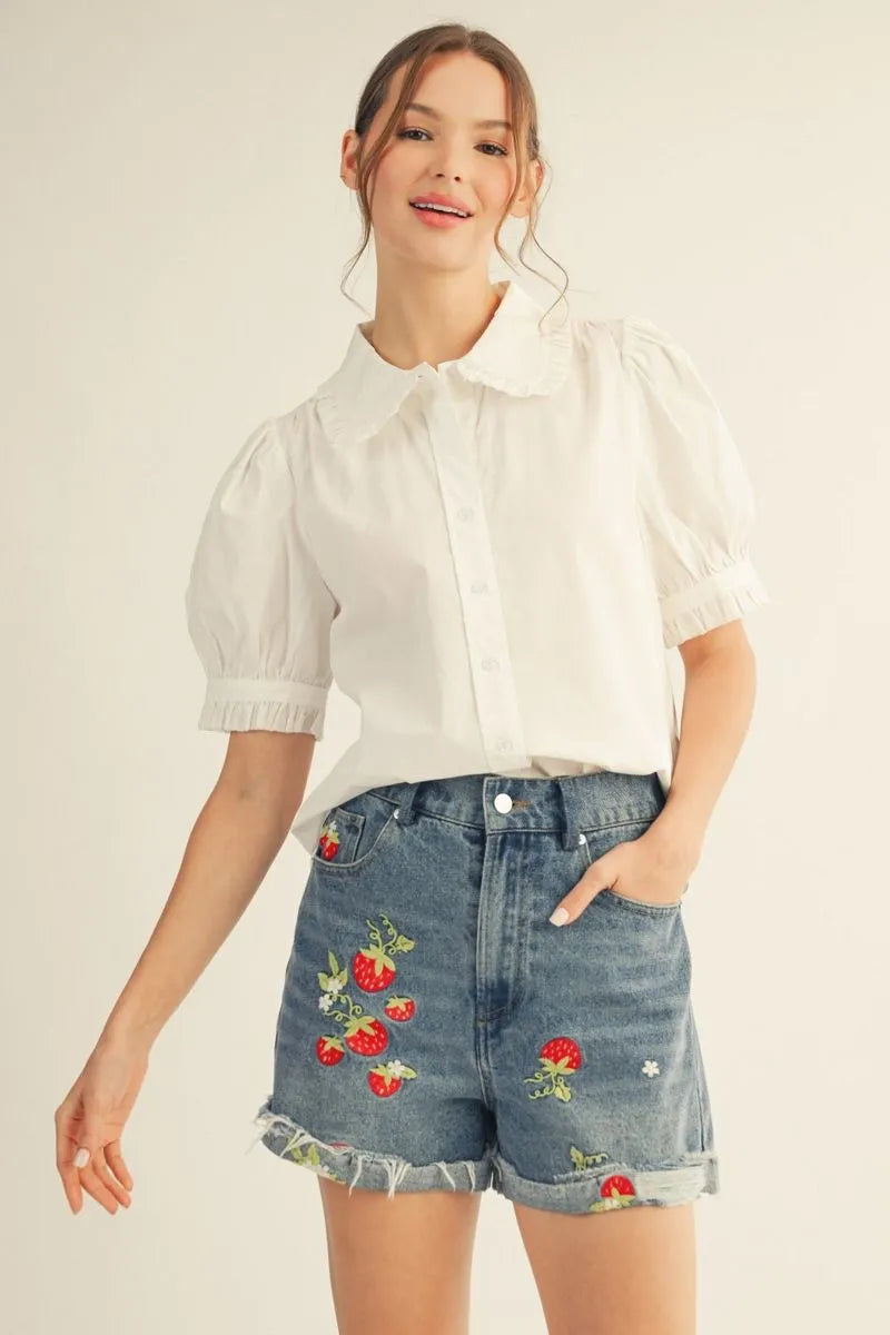 Strawberry Embroidered Denim Shorts