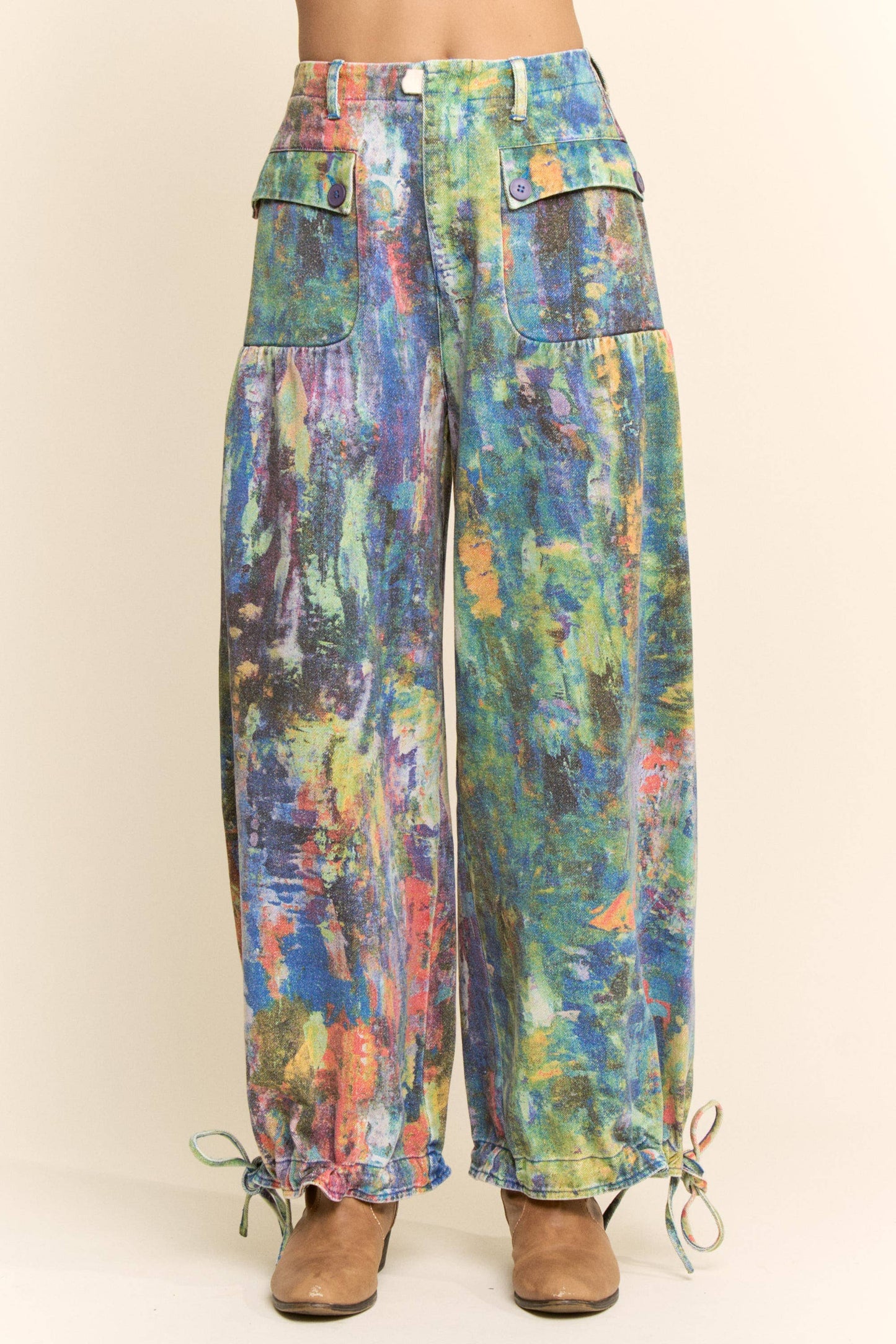 Lime Green and Cobalt Paint Printed Denim Pants