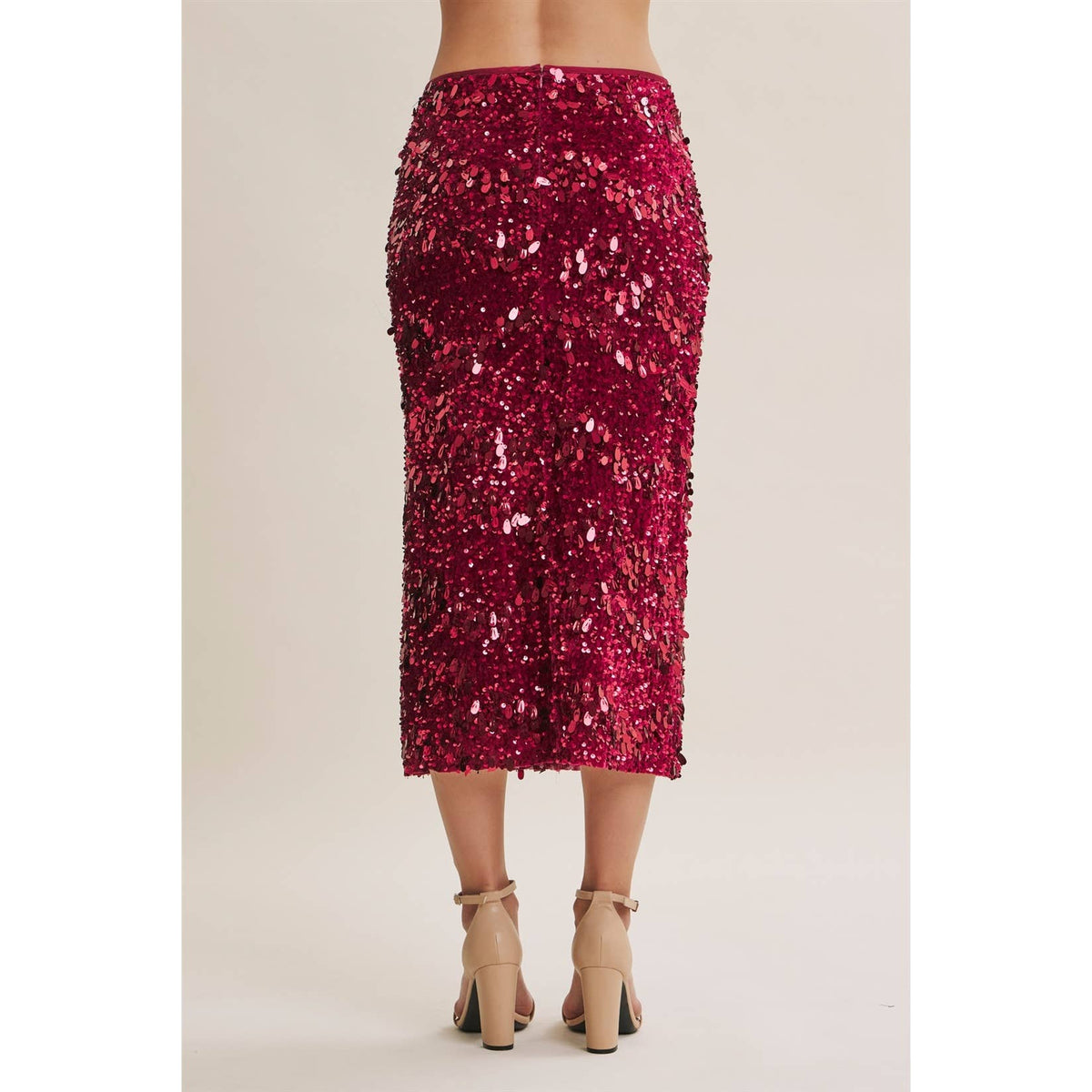 Harvest Glow Sequin Midi Skirt in Cranberry Kiss