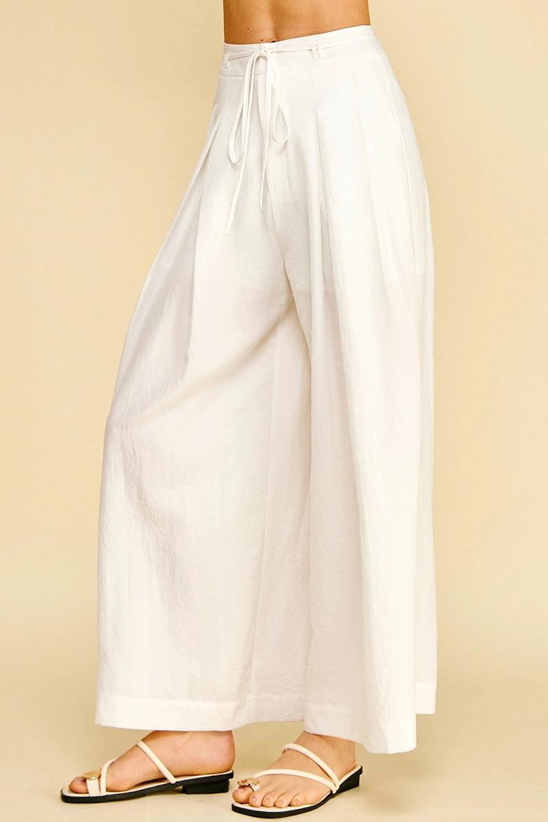 White Pleated Detail Wide Leg Pants