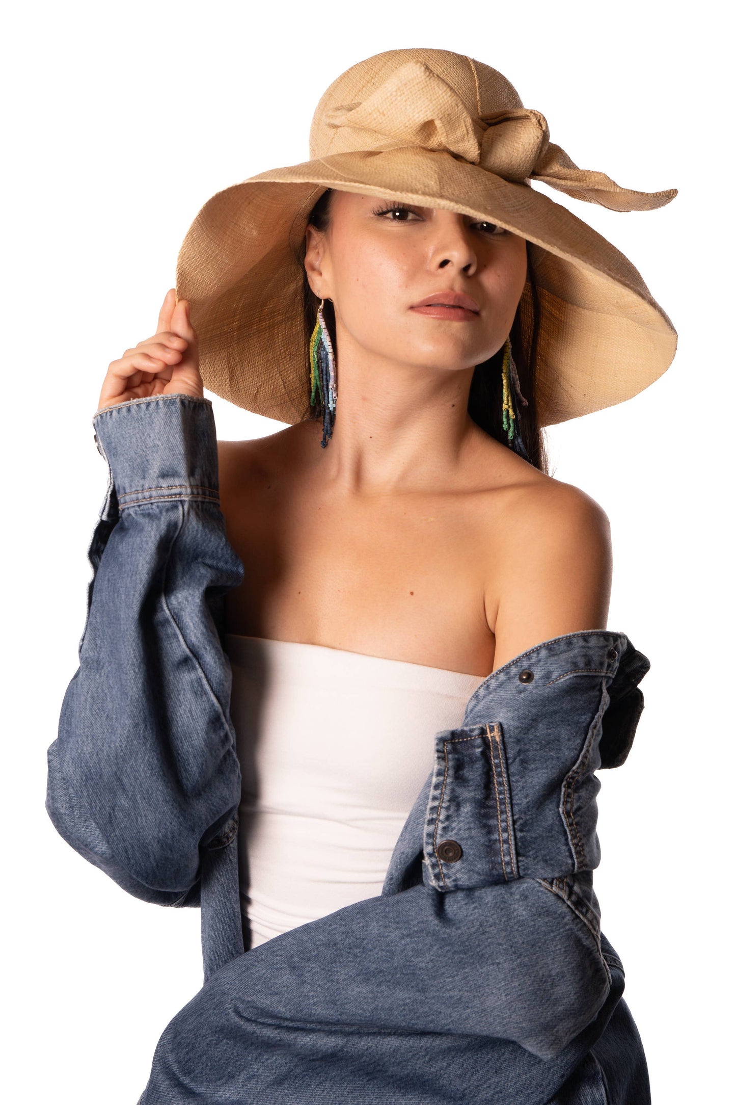 7" Cappuccino Wide Brim Big Bow Solid Color Straw Sun Hats