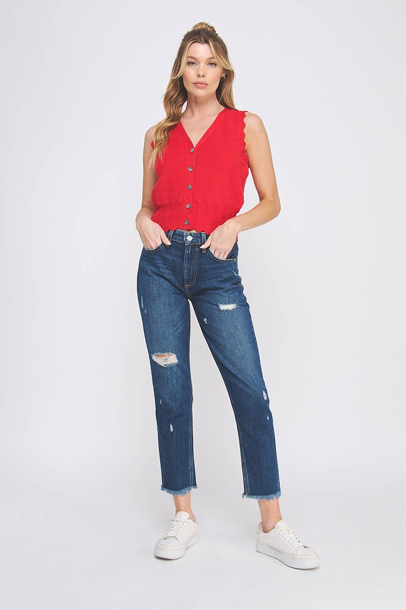 Pointelle Knit Button Up: Red