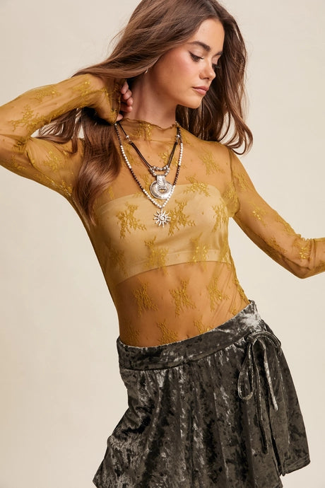 Olive Sheer Lace Long Sleeve Top