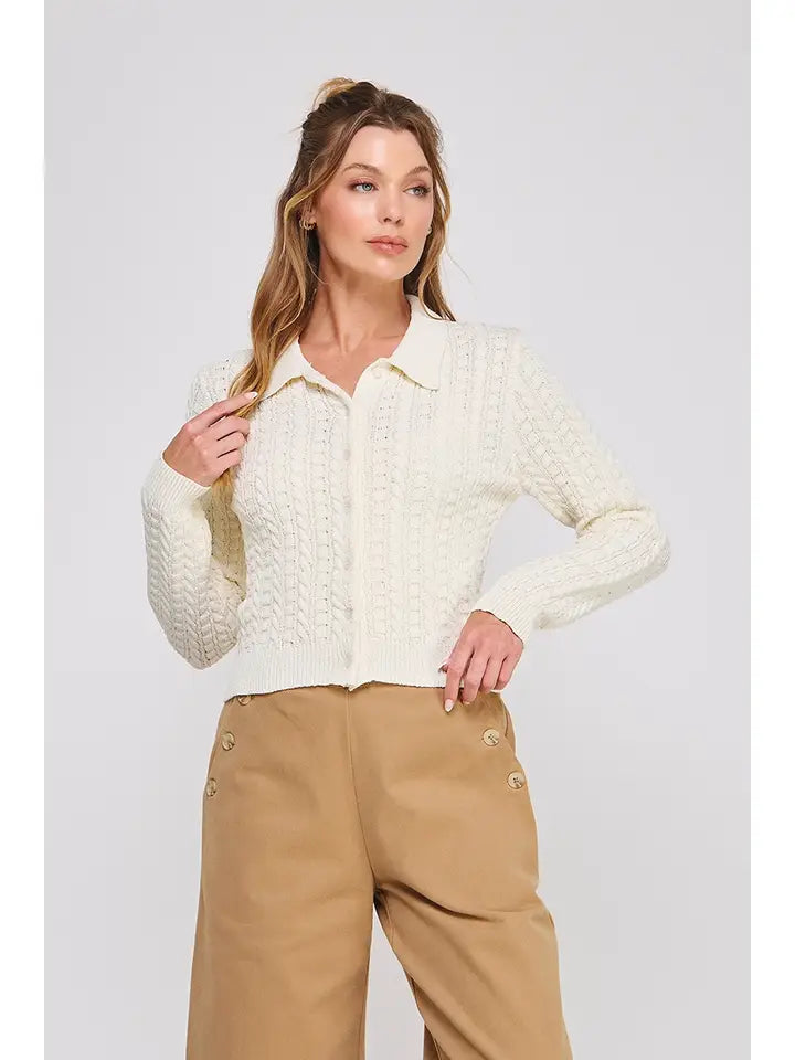 Cream Cable Knit Button Down Sweater Top