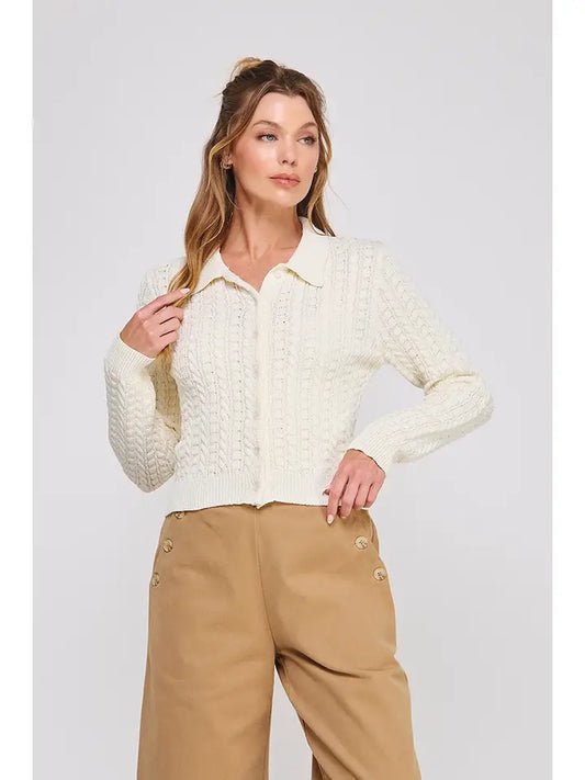 Cream Cable Knit Button Down Sweater Top
