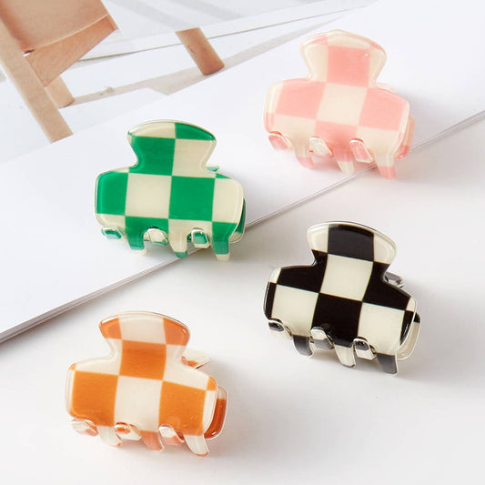 Checkered Assorted Color Mini Claw Hair Clip Set: ASSORTED / ONE SIZE