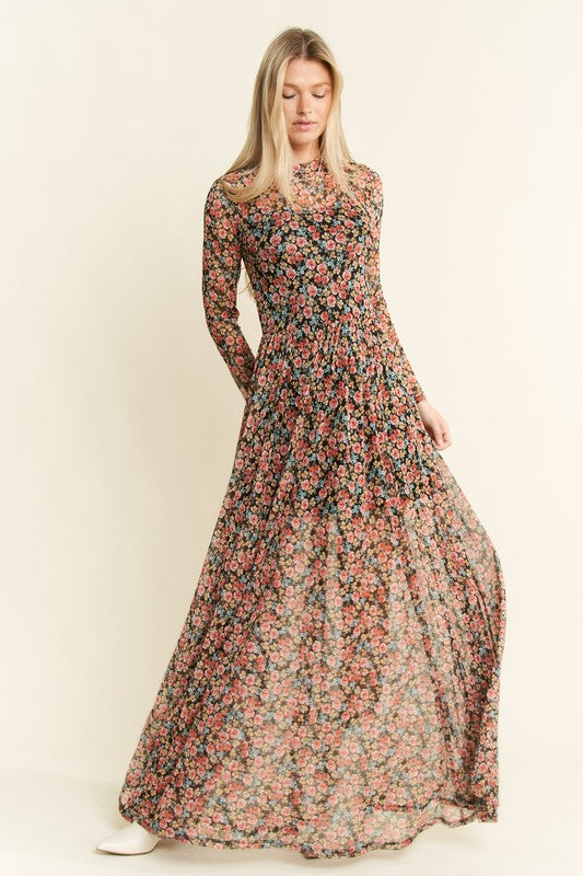 Floral Print Black Maxi Dress