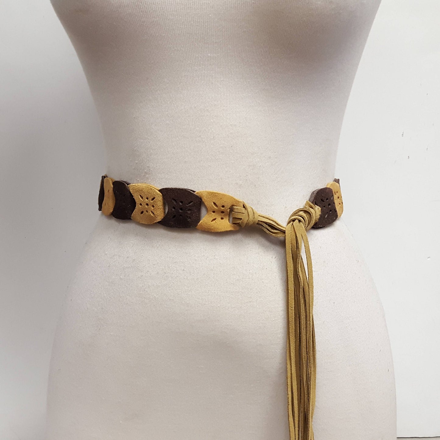 Genuine Suede Link Belt with Fringes: Brown/Sand