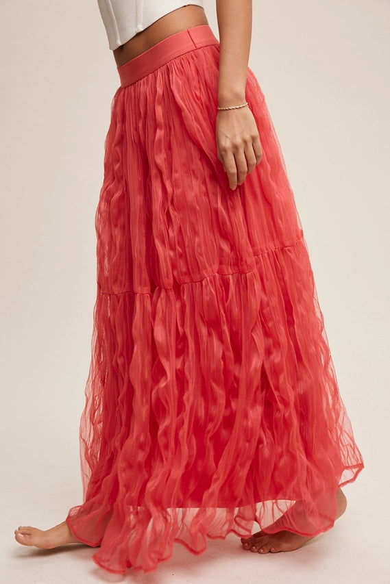 Coral Crinkled Mesh Maxi Skirt