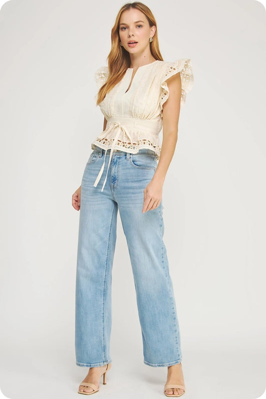 Cream Eyelet Lace Trim Flutter Sleeve Peplum Top