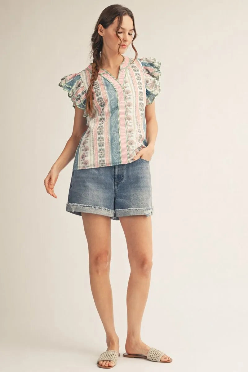Mauve and Pink Flutter Sleeve Top