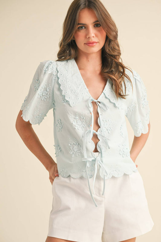 TIE FRONT COLLARED LACE TOP MTP3709: Light Blue / S