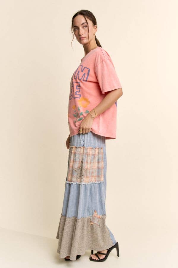 DREAM FREE FLORAL GRAPHIC MINERAL WASH TOP: Charcoal - L