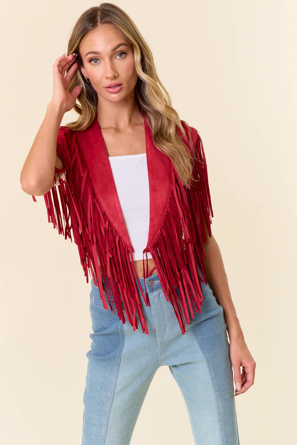 Red Western Fringe Suede Collar Shrug