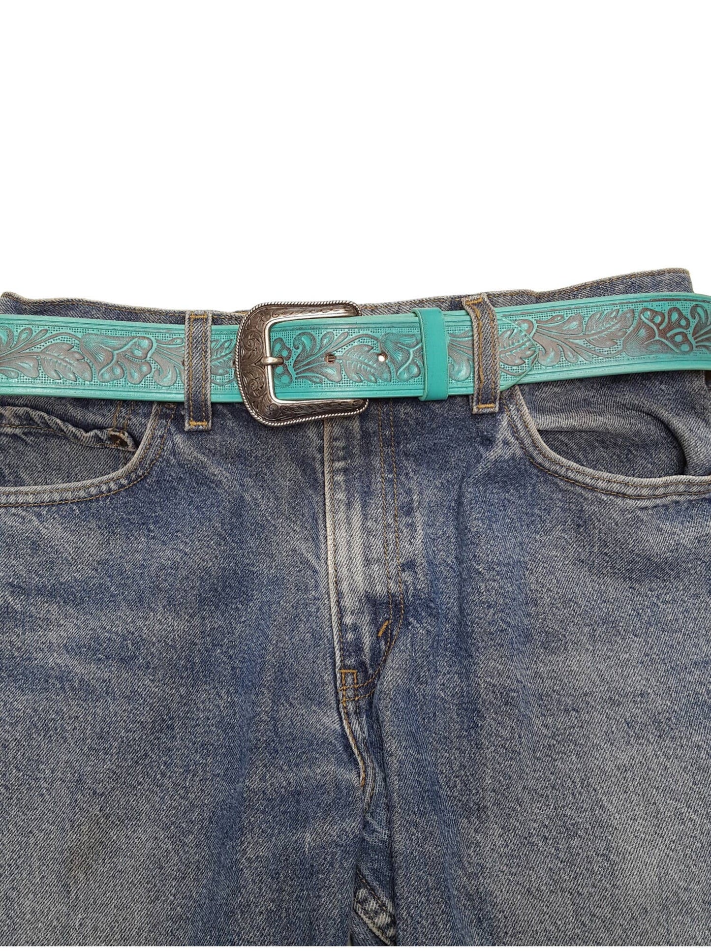 Turquoise Western Hand Painted Embossed Floral belt
