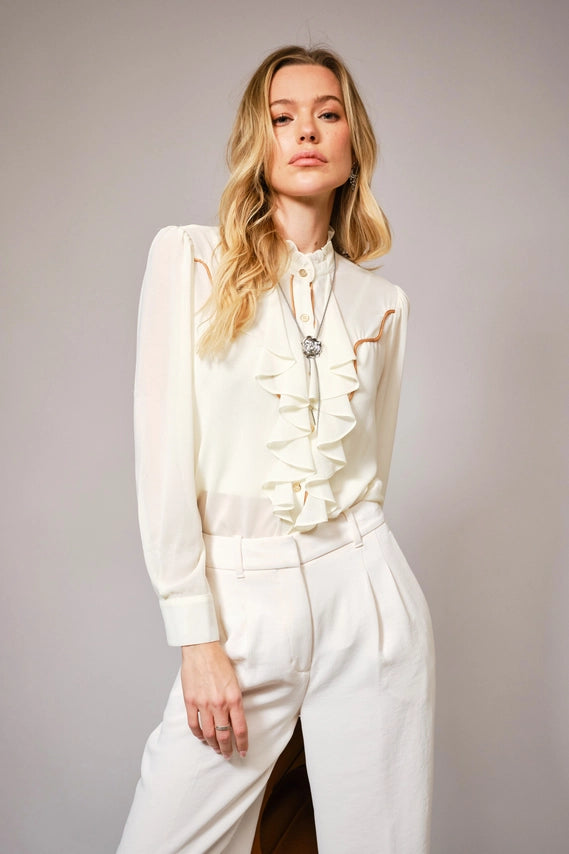 Chelsea Ruffle Front Button Up Blouse