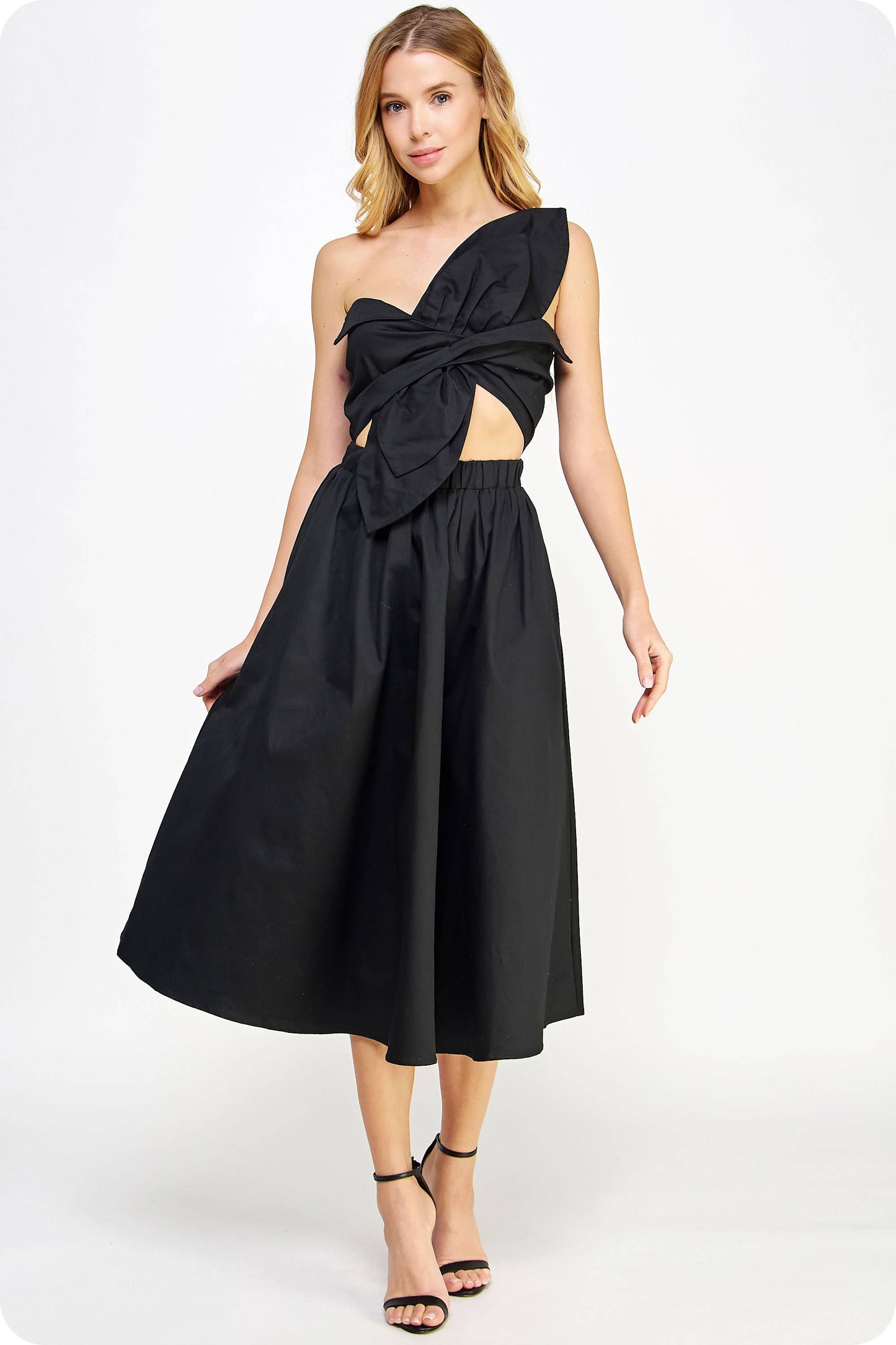 Knotted Flower Bow Midi Dress: Cherry Red / S