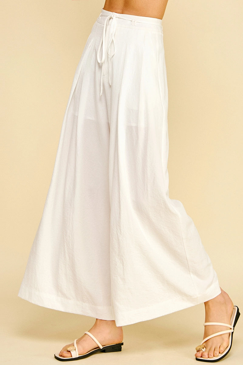 White Pleated Detail Wide Leg Pants