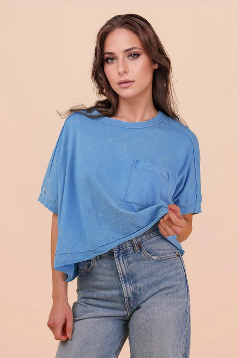 Blue Mineral Washed Oversized Crop Comfy Knit Top