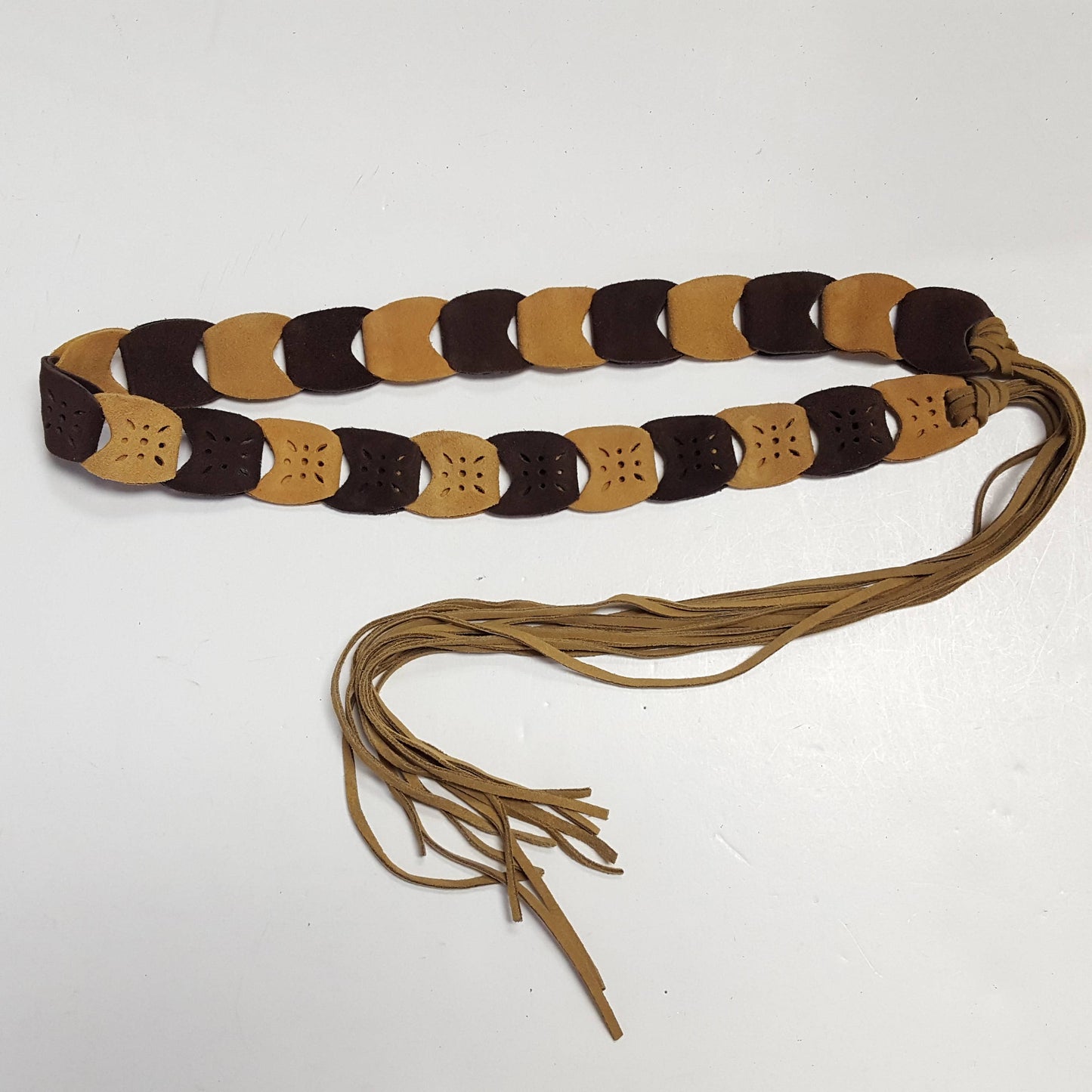 Genuine Suede Link Belt with Fringes: Brown/Sand