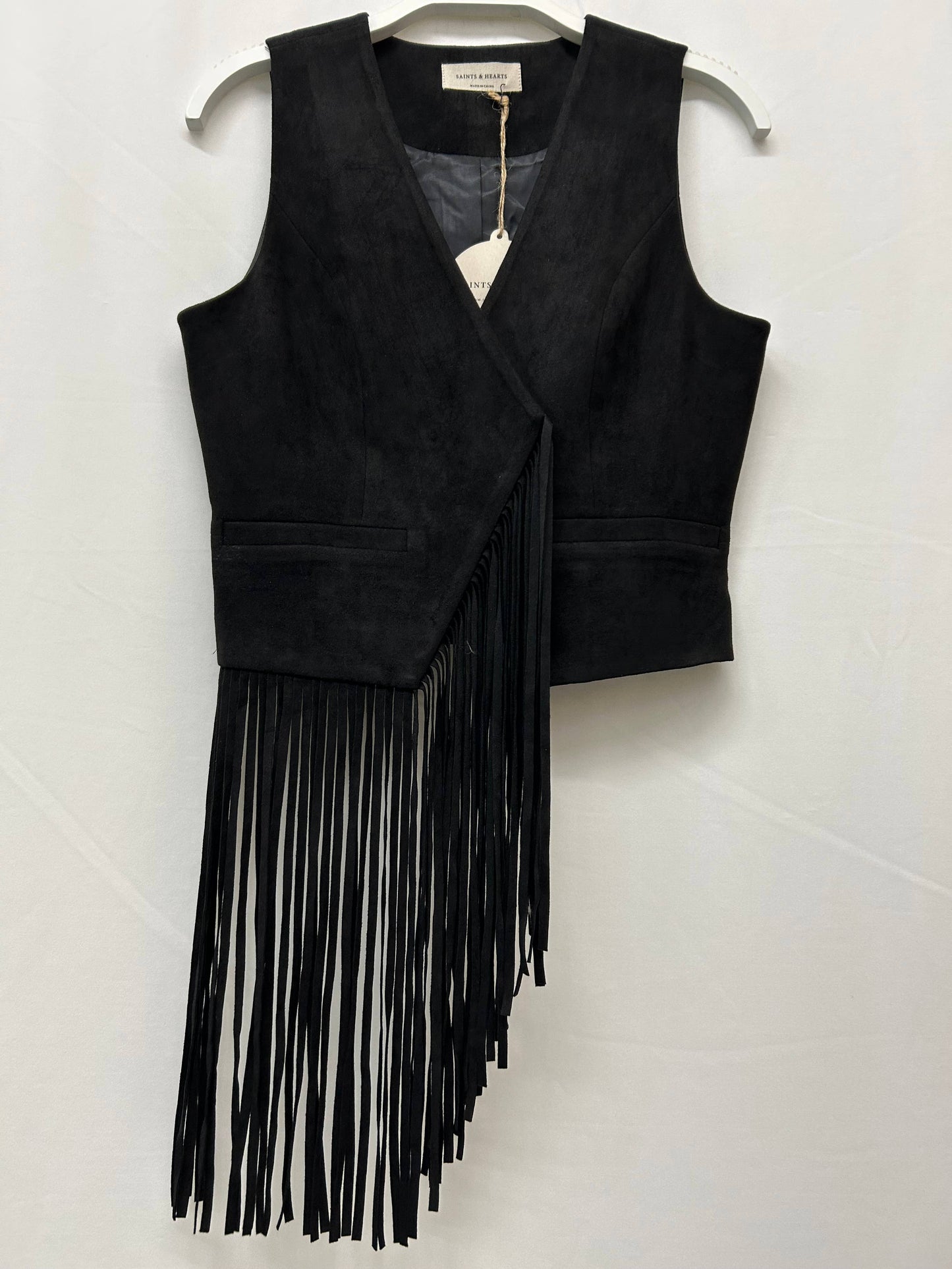 Black Asymmetrical Faux Suede Fringe Vest