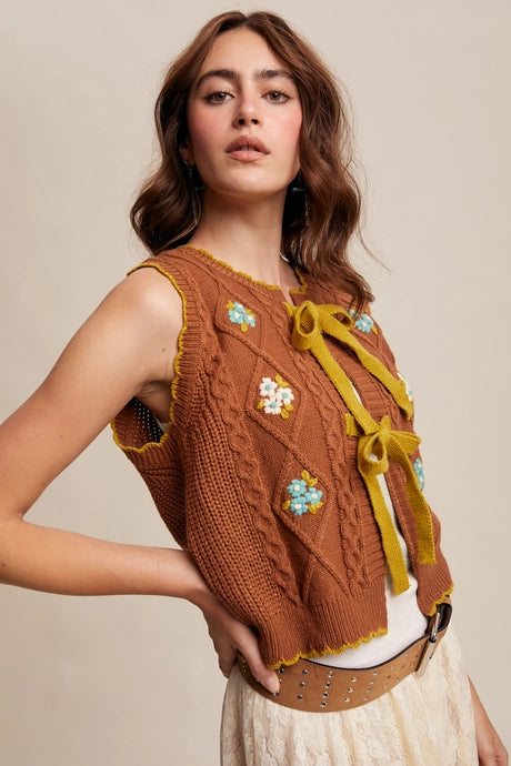 Brown Bow-Tie Floral Knit Vest