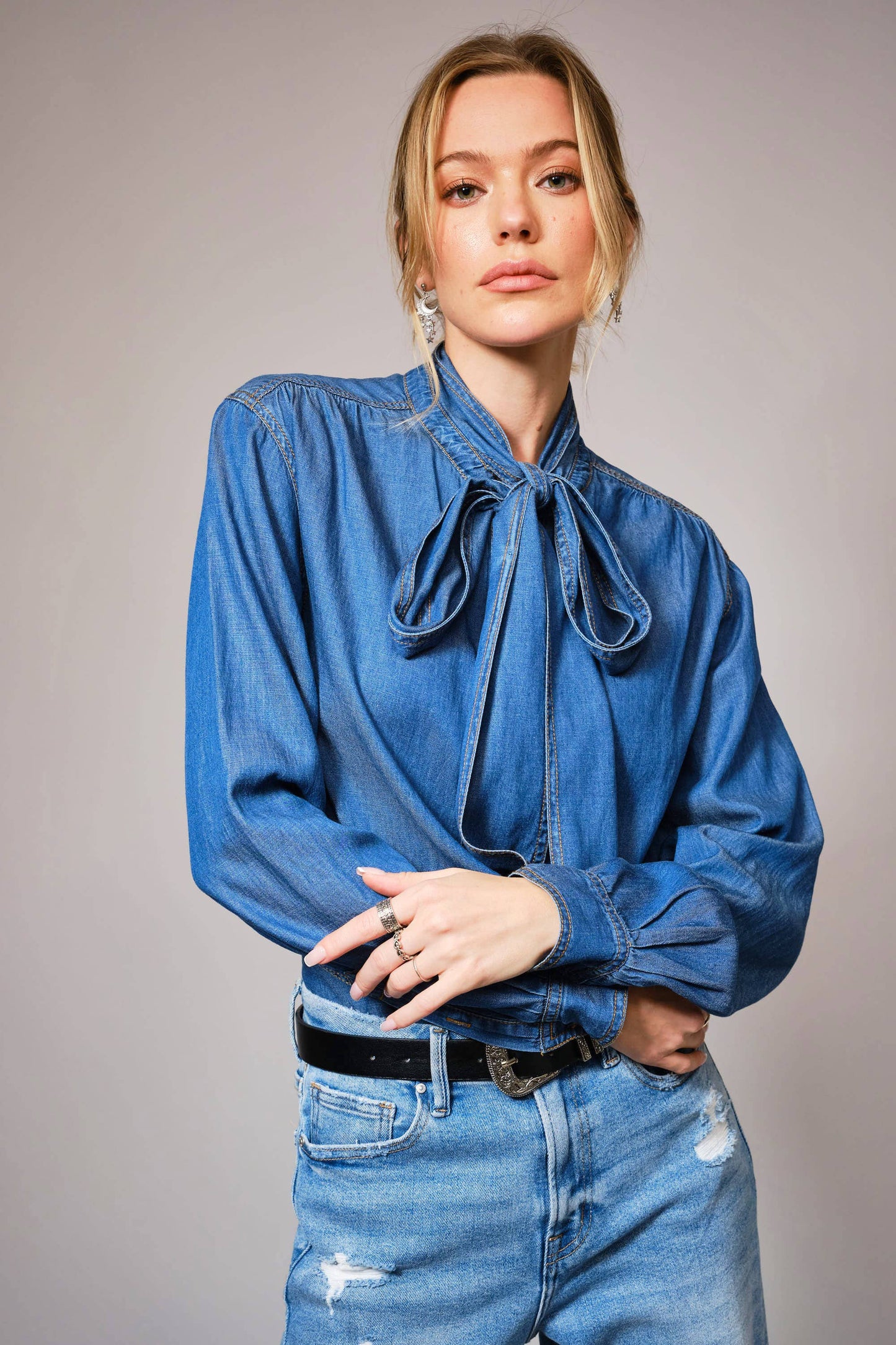 Tie Neck Hidden Button Chambray Blouse