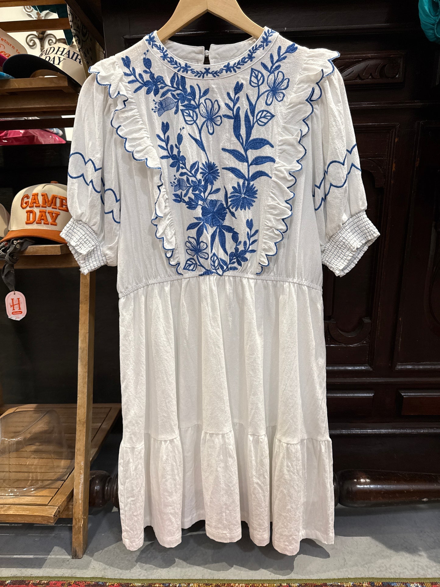 White and cobalt embroidery dress