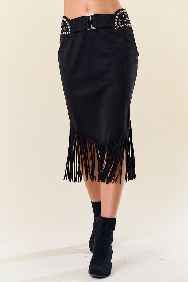 Outlaw Studded Faux Suede Fringe Midi Skirt – Black