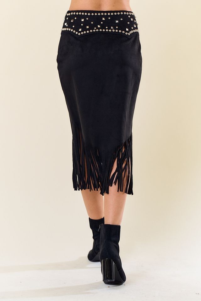 Outlaw Studded Faux Suede Fringe Midi Skirt – Black