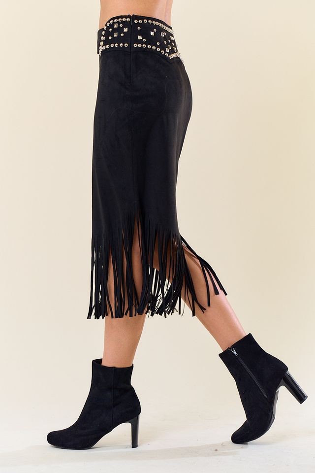 Outlaw Studded Faux Suede Fringe Midi Skirt – Black