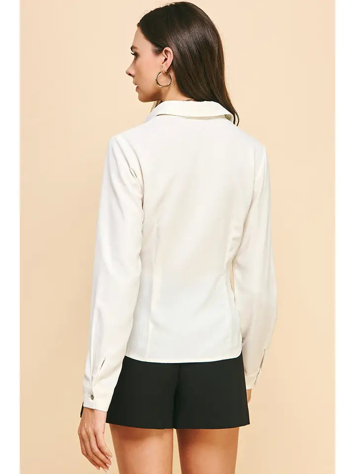 Pintuck Beige Button Down Shirt