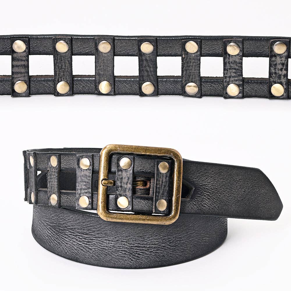 Black Vintage Leather Belt with Studded Cage Design and Antique Brass Buckle