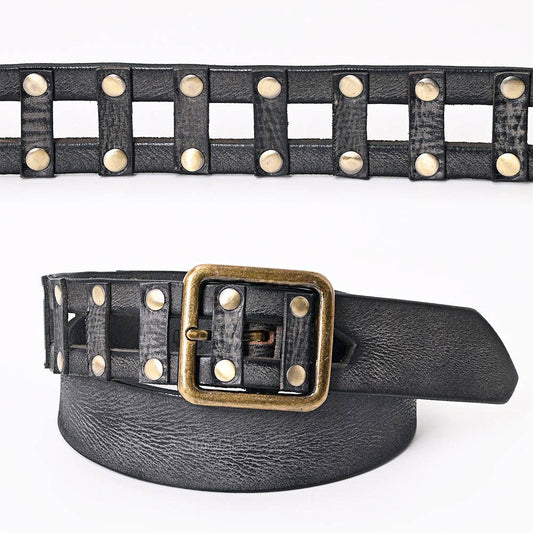 Black Vintage Leather Belt with Studded Cage Design and Antique Brass Buckle